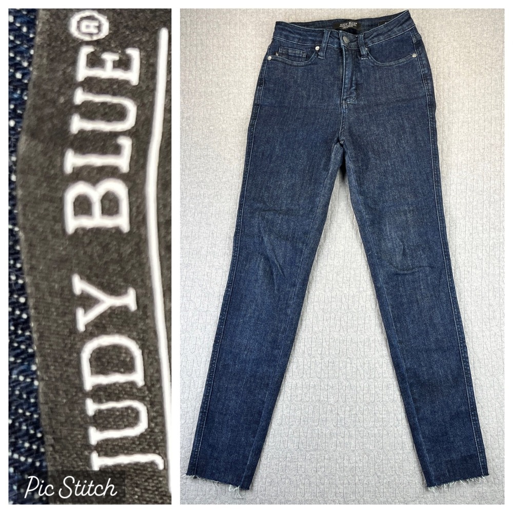 New Judy Blue Skinny Fit Jeans Women 0/24(23X28 1/2) high rise Dark Wash Raw Hem